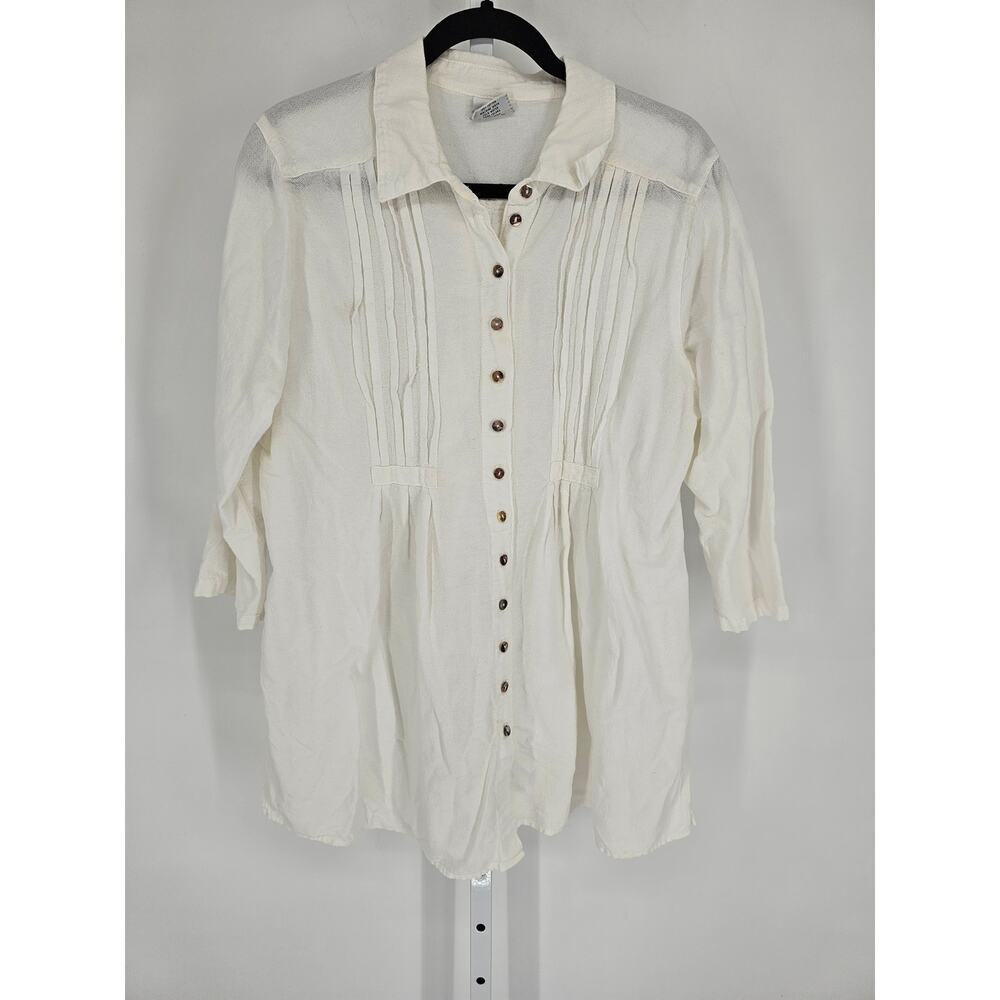 Vintage CMC Womens Sz XL 3/4 Sleeve Lagenlook Top White Micro Pleat